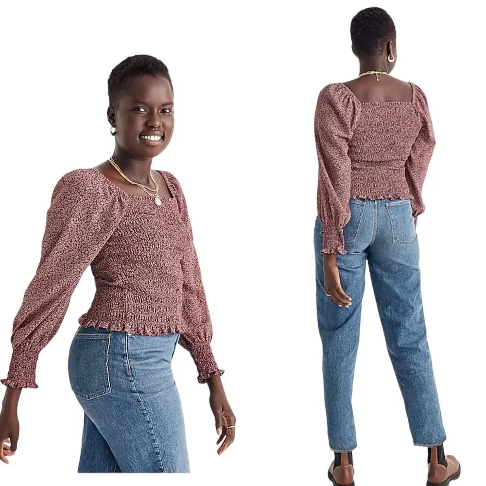 Madewell Lucie Bubble Long Sleeve Smocked Burgundy Top Cottage Garden Size XL